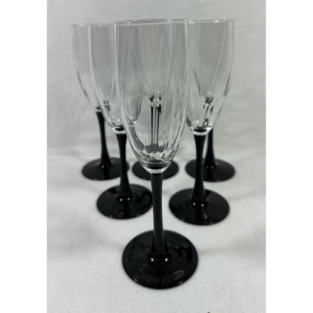 Cristal D'Arques Astra Glasses Champagne Flutes ~8" Black Stem 6 oz Set Of 6